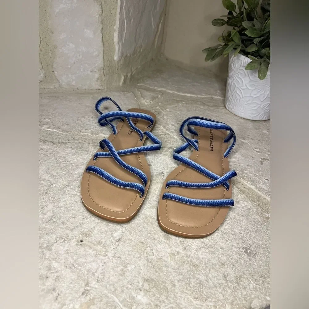 Lucky Brand Bizell Blue Strappy Stretch  Square Toe Slip On Sandals sz 6.5